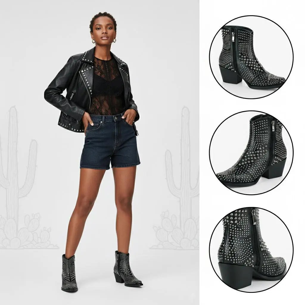 Tuhoomall Western Cowboy Ankle Booties with Rivets - Stylish Chunky Heel, Zipper Closure, Ideal for Casual Parties and Seasonal Wear Tuhoomall