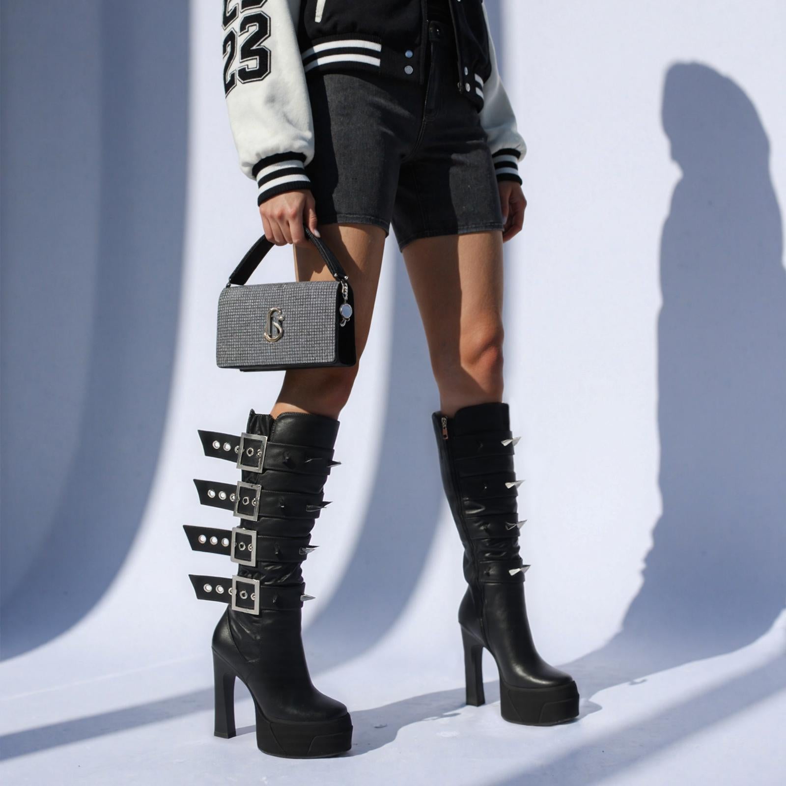 Tuhoomall Knee High Gladiator Style Thick Sole Party Boots with Adjustable Buckle and Studded Zipper for Fashionable Casual Events