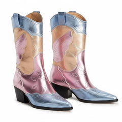 Tuhoomall Colorful Metallic Western Mid Calf Boots with Embroidery, Pointed Toe, Comfort Block Heel for Casual Wear