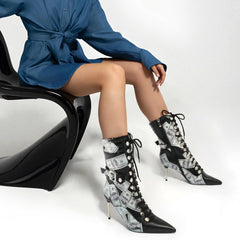 Tuhoomall Ankle Boots for Parties and Weddings, Trendy PU Leather with Studs, 9cm Slim High Heels, Lace-Up and Zipper Closure