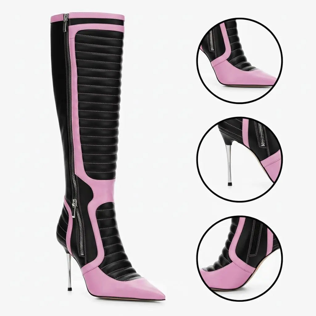 Tuhoomall Knee High Party Boots with Pointed Toe, 10cm Stiletto Heels, Stylish Striped Pattern, Perfect for Fashionable Events Tuhoomall