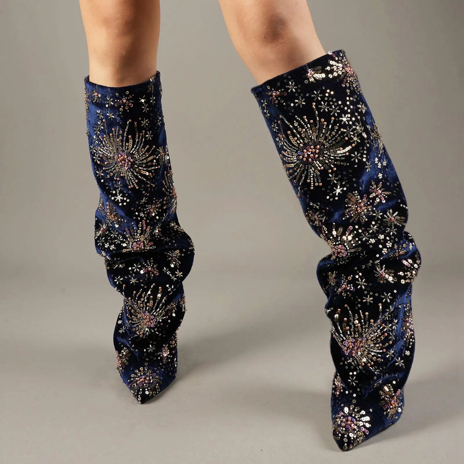 Tuhoomall Over The Knee Floral Embellished Chunky Heeled Boots For Parties And Fashionable Events Tuhoomall