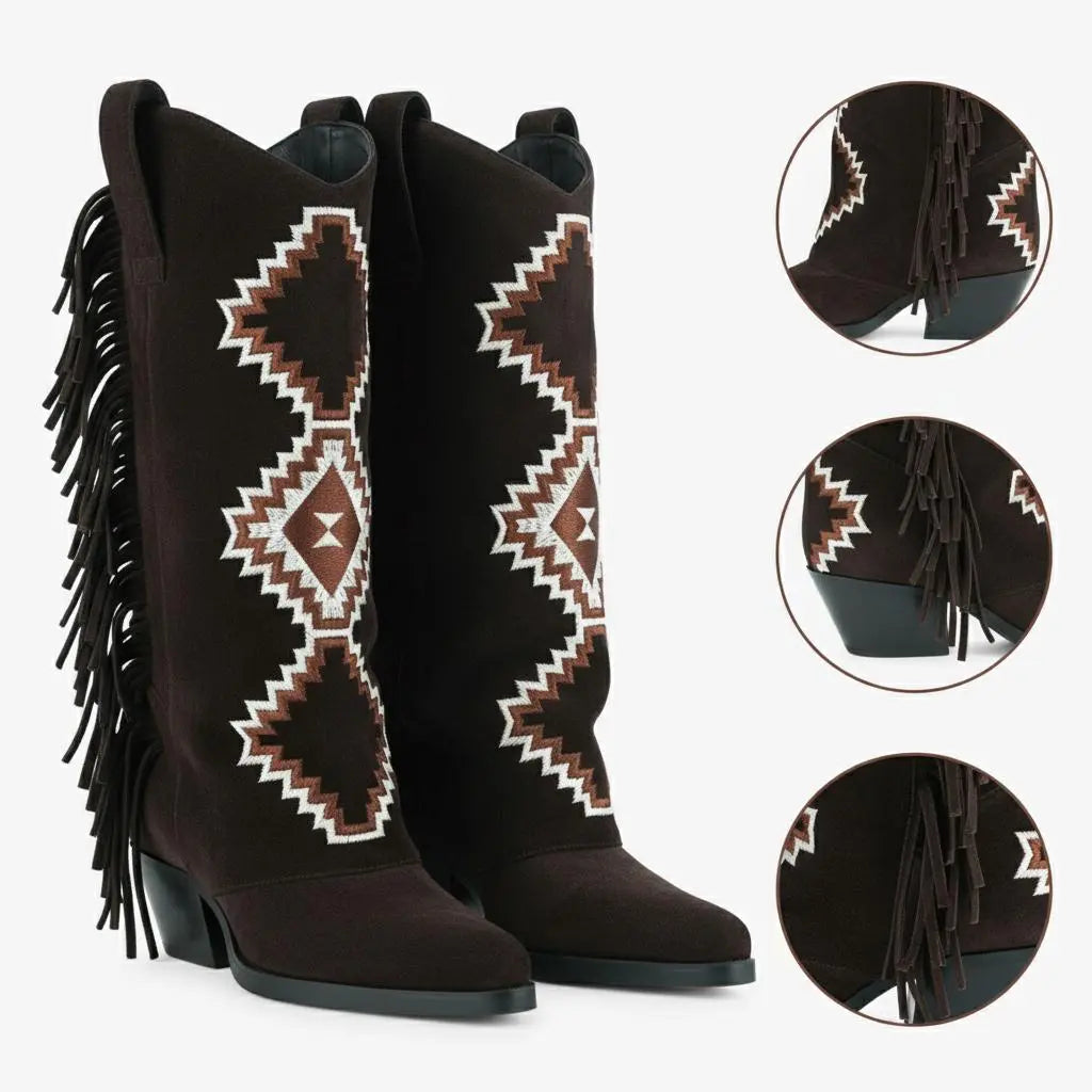 Tuhoomall Western Style Mid-Calf Booties with Colorful Geometric Patterns and Floral Embroidery - Perfect for Bohemian Chic Casual Outfits Tuhoomall
