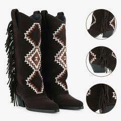 Tuhoomall Western Style Mid-Calf Booties with Colorful Geometric Patterns and Floral Embroidery - Perfect for Bohemian Chic Casual Outfits Tuhoomall