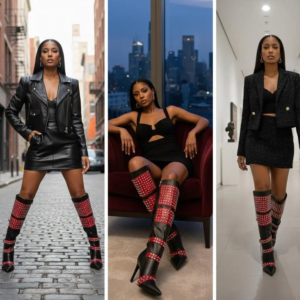 Tuhoomall Stiletto Knee-High Boots with Metallic Studs and Chic Design for Parties and Performances Tuhoomall