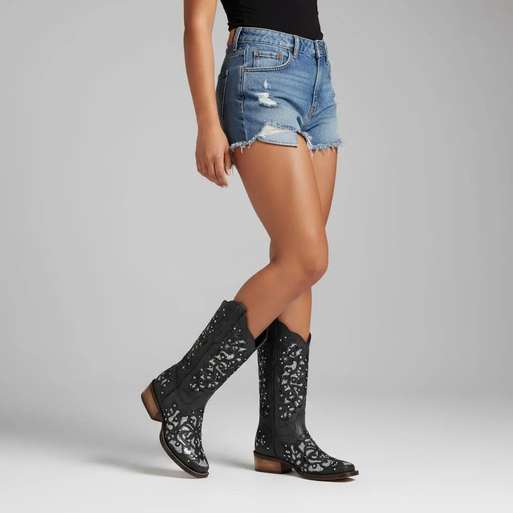 Tuhoomall Western Style Embroidered Mid-Calf Boots For Fashion, Travel, Outdoor - Chunky Heel, Faux Suede, Slip-On, Rhinestones, 3cm Heel Height Tuhoomall