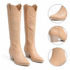 Tuhoomall Cowgirl Mid Calf Boots, Chunky Heel, Pointed Toe, Stylish Embroidery, Casual All Season Footwear