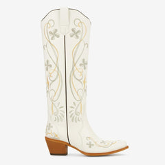 Tuhoomall Tuhoomall Western Knee-High Boots for Women, Floral Embroidered Design, Perfect for Parties, Office, and Casual Wear, 7.5 cm Classic Mid Chunky Heel