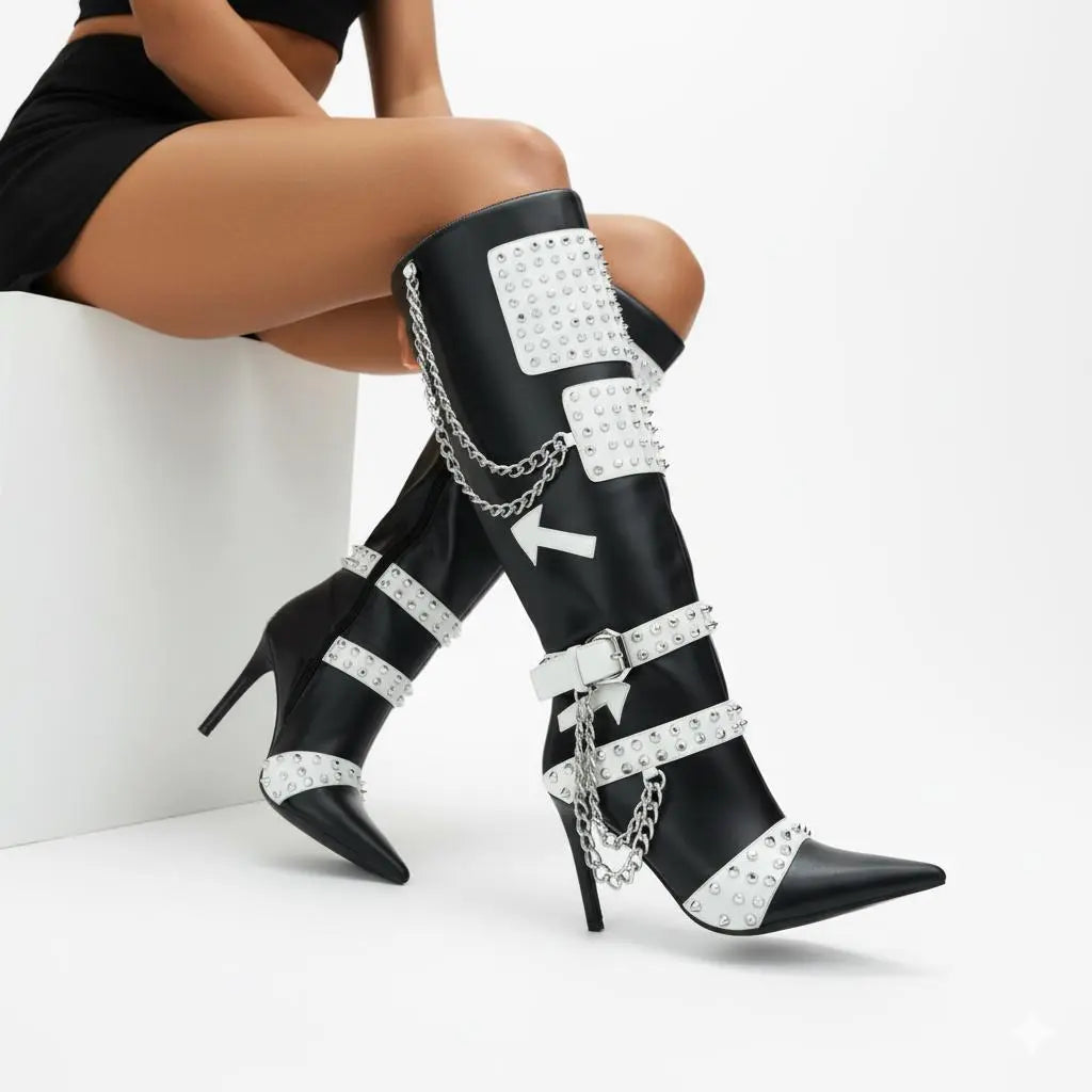 Tuhoomall Stiletto Knee-High Boots with Metallic Studs and Chic Design for Parties and Performances Tuhoomall