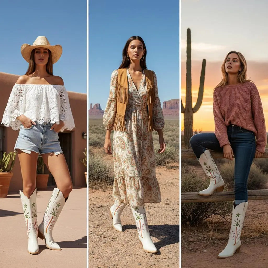 Tuhoomall Desert Style Floral Embroidered Knee-High Boots, Chunky Heel for Vintage Casual Looks and Theme Parties Tuhoomall