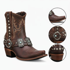 Tuhoomall Western Ankle Booties, Chunky Heel, Snip-Toe, Studded & Embroidered, All-Season Wear for Parties and Performances