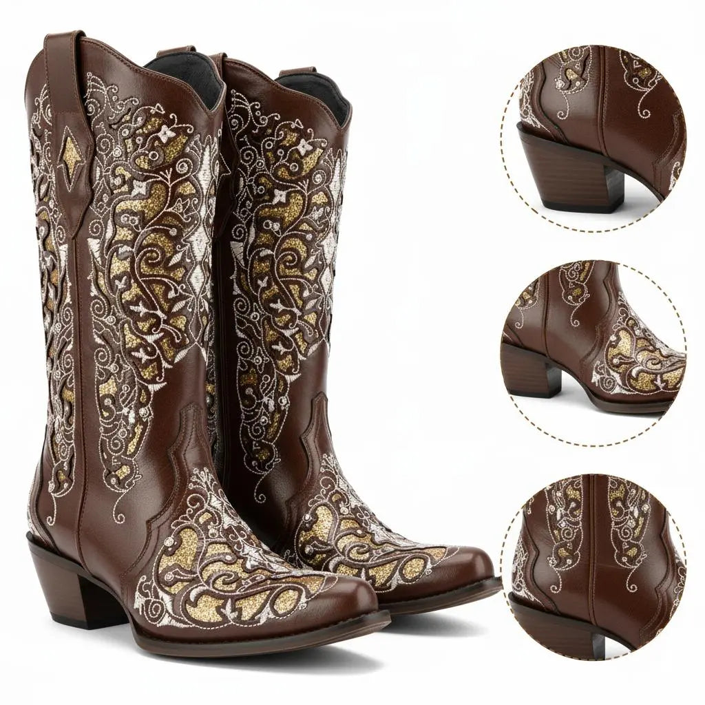 Tuhoomall Western Style Embroidered Mid-Calf Boots For Fashion, Travel, Outdoor - Chunky Heel, Faux Suede, Slip-On, Rhinestones, 3cm Heel Height Tuhoomall