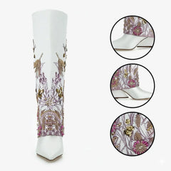 Tuhoomall Knee High Floral Print Heeled Boots with Sparkling Beads for Fashionable Parties and Casual Outings Tuhoomall