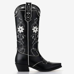 Tuhoomall Floral Embroidered Chunky Heel Ankle Boots for Women - Stylish Slip-On Comfortable Footwear for Travel and Casual Outings