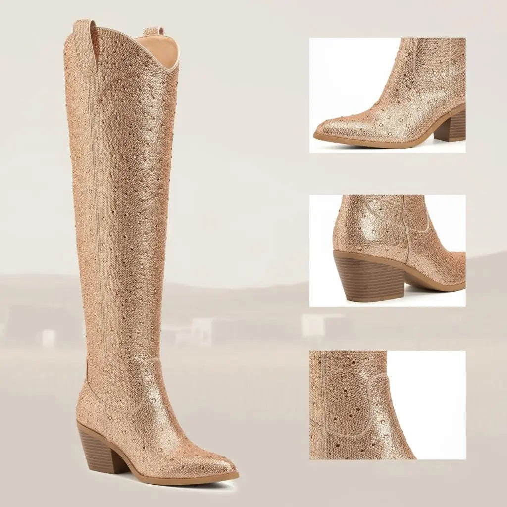 Tuhoomall Western Over-Knee Cowboy Boots With Chunky Heel, Rhinestone-Studded Vegan Leather, Casual All-Season Style, Round Toe, Zipper Closure Tuhoomall