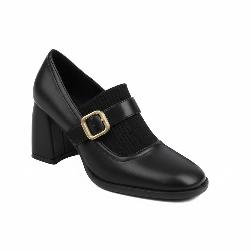 Tuhoomall Mary Jane High Heel Loafers for Women, 7.5 cm Chunky Heel, All-Season Fashion, Pure Leather, Comfortable Slip-On Design