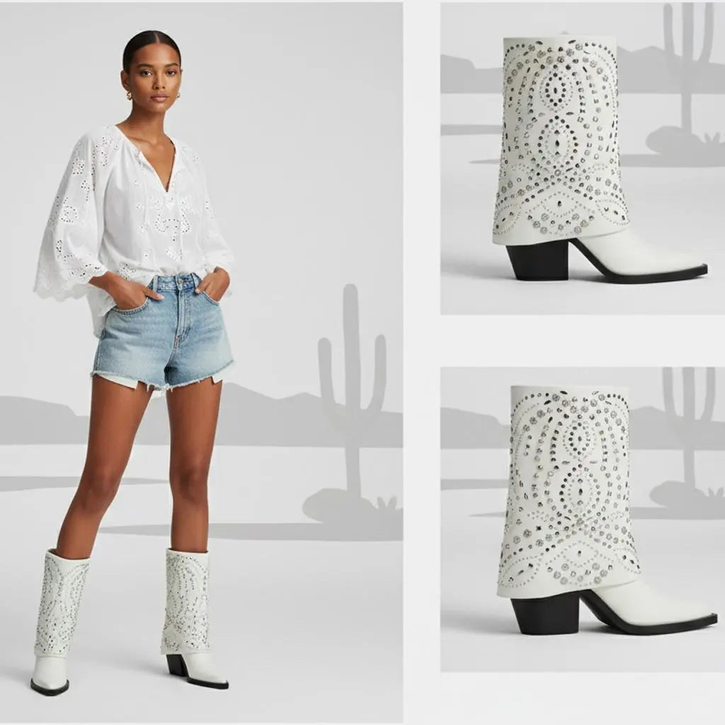 Tuhoomall Western Cowboy Boots For Women, Mid-Calf Foldable Design, Trendy Geometric Pattern, Chunky Heel, Sparkling Studs, Perfect For Outdoor Fashion Tuhoomall