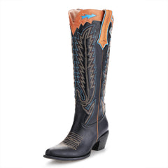 Tuhoomall Western Cowgirl Mid Calf Boots With Embroidery Slip-On Design, Chunky Heel For Fashion Casual Style, Snip-Toe, Perfect For All Seasons