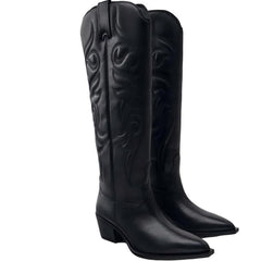 Tuhoomall Western Knee-High Boots for Women, Embroidered Chunky Heel, Slip-On Style, Pointed-Toe, Premium Leather, All Seasons Fashion