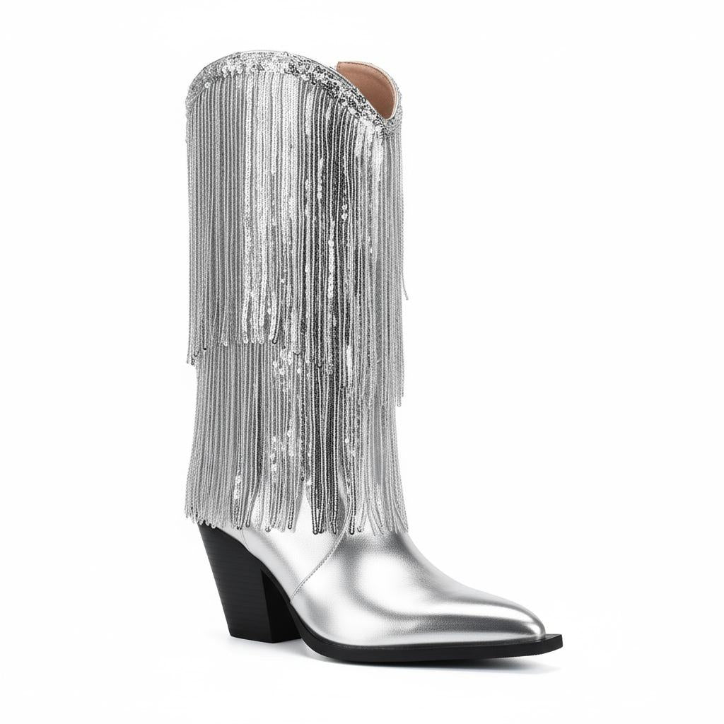 Tuhoomall Chunky Heel Ankle Boots for Women, Pointed Toe, Sequined Fringes, Stylish & Comfortable for Parties and Performances