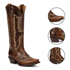 Tuhoomall Western Mid Calf Boots for Women, Retro Snip-Toe Chunky Heel, Embroidered Genuine Leather, Fashion Casual Footwear