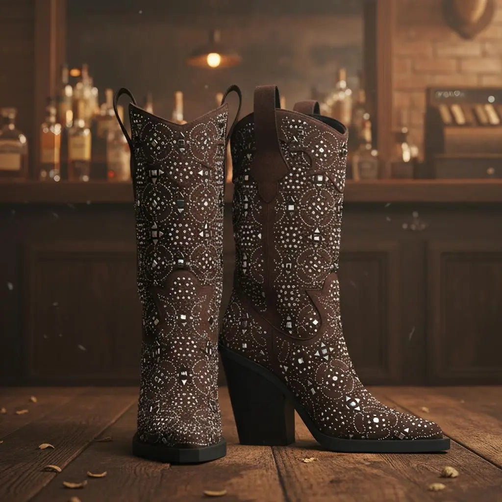 Tuhoomall Western Floral Embellished Mid-Calf Boots for Women, Comfortable Chunky Heel, Perfect for Bohemian Parties and Performances Tuhoomall