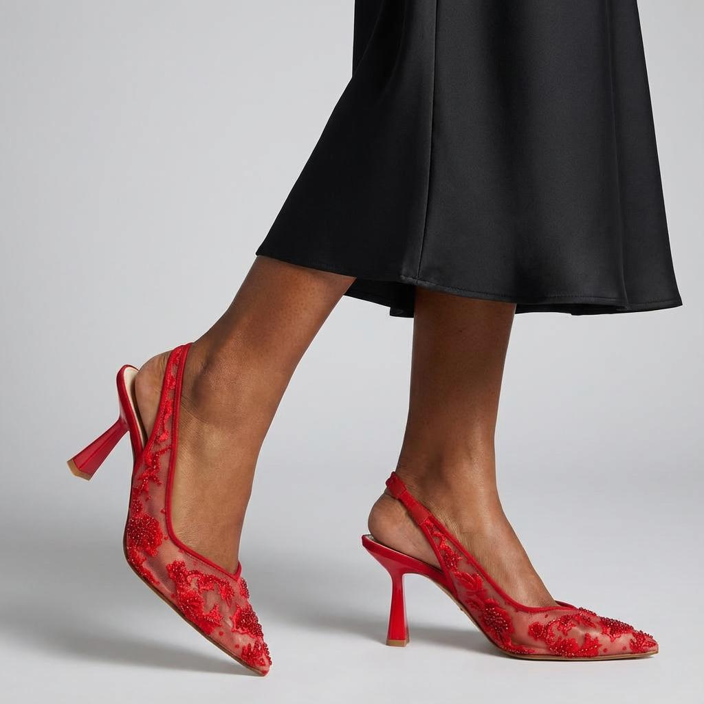 Tuhoomall Stylish Floral High Heels with Beaded Embellishment for Parties, Dancing, and Office Wear Tuhoomall