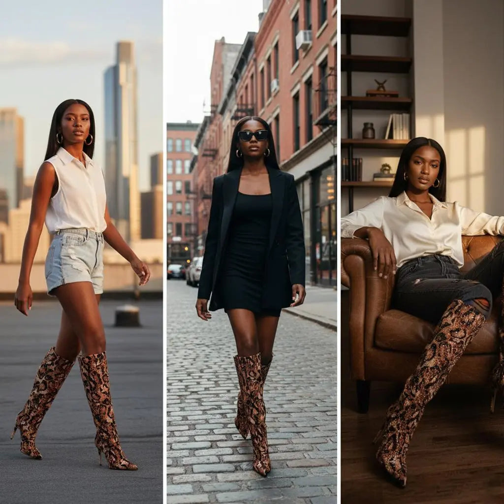 Tuhoomall High Boots with Rhinestone Animal Print, Sparkling High Heel Stiletto, Comfortable Slip-On for Parties and Casual Events Tuhoomall