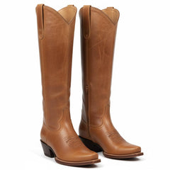 Tuhoomall Retro Western Knee-High Boots for Women, Stylish Leather Design with Embroidery, Slip-On Comfort, Ideal for Work and Casual Wear