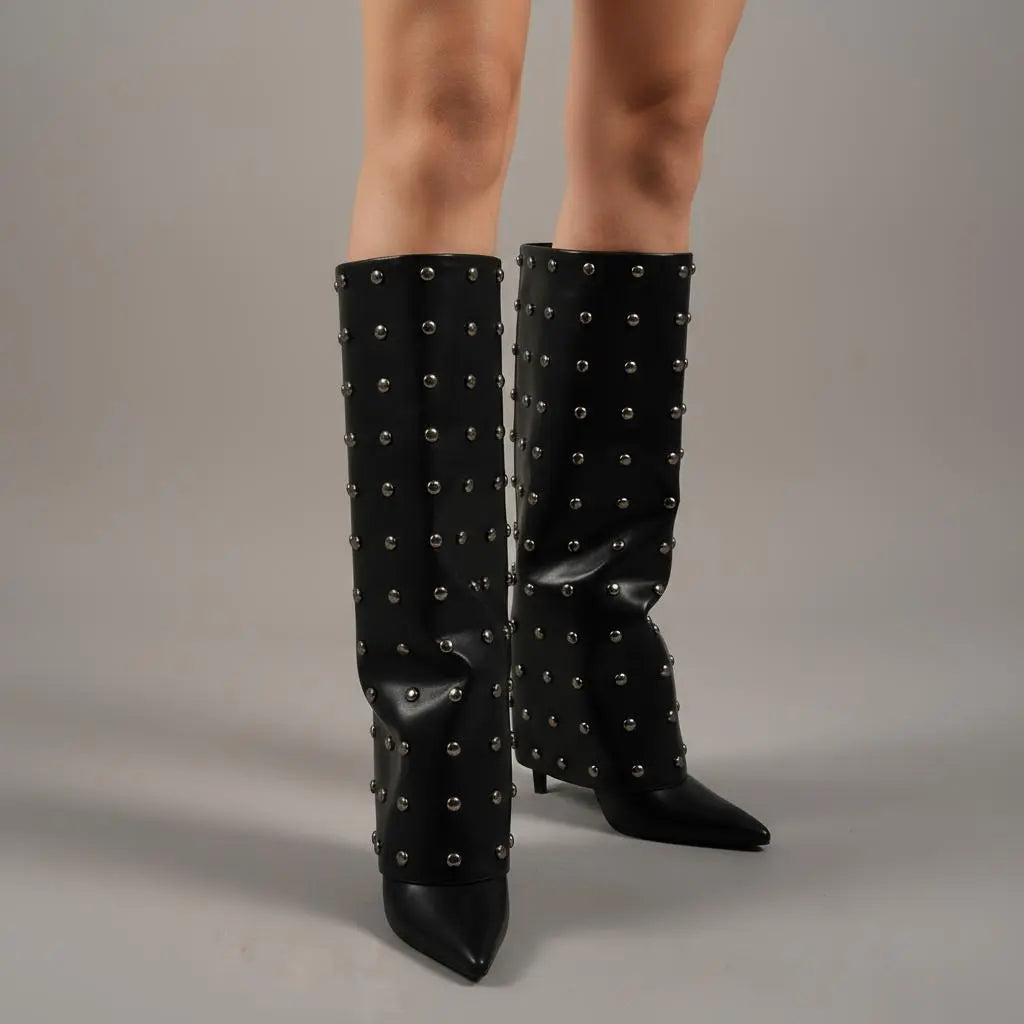 Tuhoomall Foldable Knee High Boots with Studs and Polka Dot Design for Outdoor Fashion Casual Style Tuhoomall