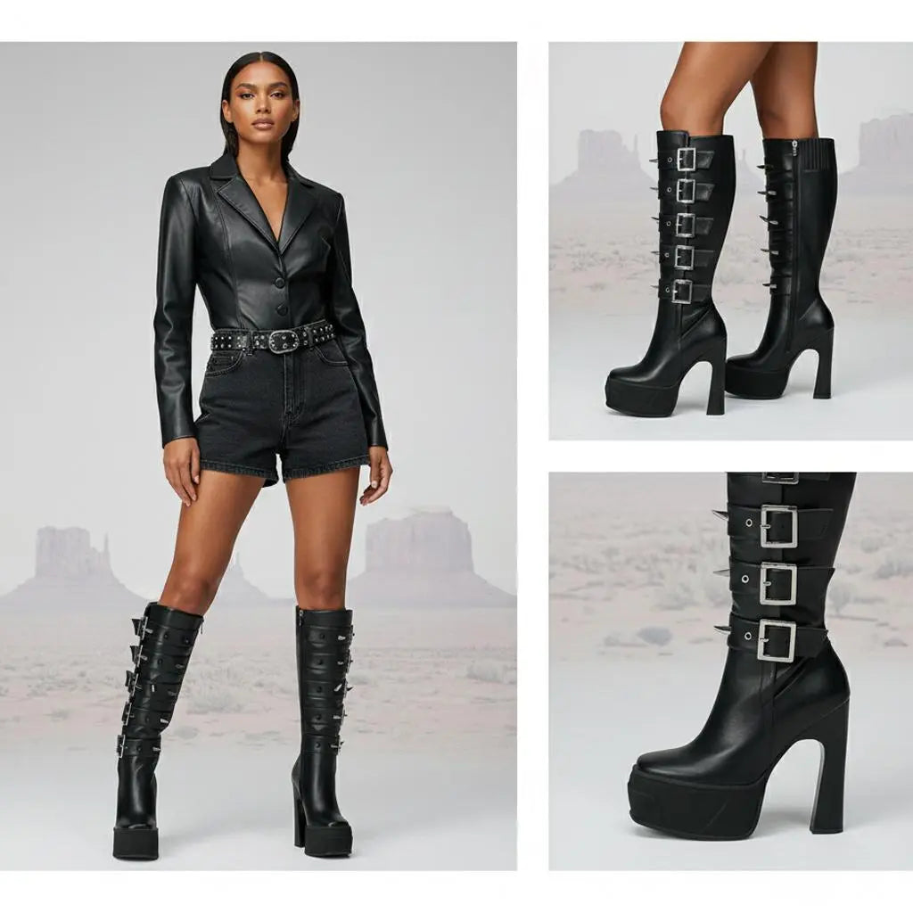 Tuhoomall Knee High Gladiator Style Thick Sole Party Boots with Adjustable Buckle and Studded Zipper for Fashionable Casual Events Tuhoomall