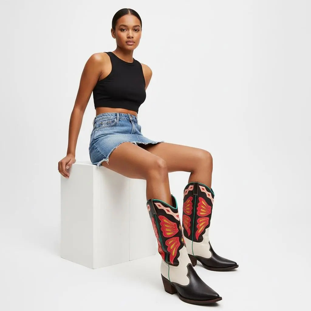 Tuhoomall Western Cowboy Boots for Women, Floral and Animal Print, Chunky Heels, Perfect for Parties and Fashion Events, Easy Slip-On Style Tuhoomall