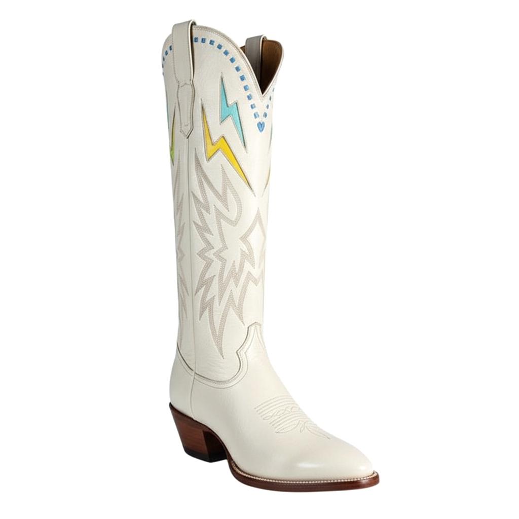 Tuhoomall Lightning Embroidered Knee High Cowboy Boots, Low Chunky Heel, Easy Slip-On Design for Parties and Performances, All-Season Fashion Footwear