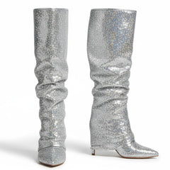 Tuhoomall Slouch Pointed-Toe Mid Calf Boots with Stiletto Heels for Fashion Performances - Sequin Finish, Slip-On Design, 4.33 in Heel Height