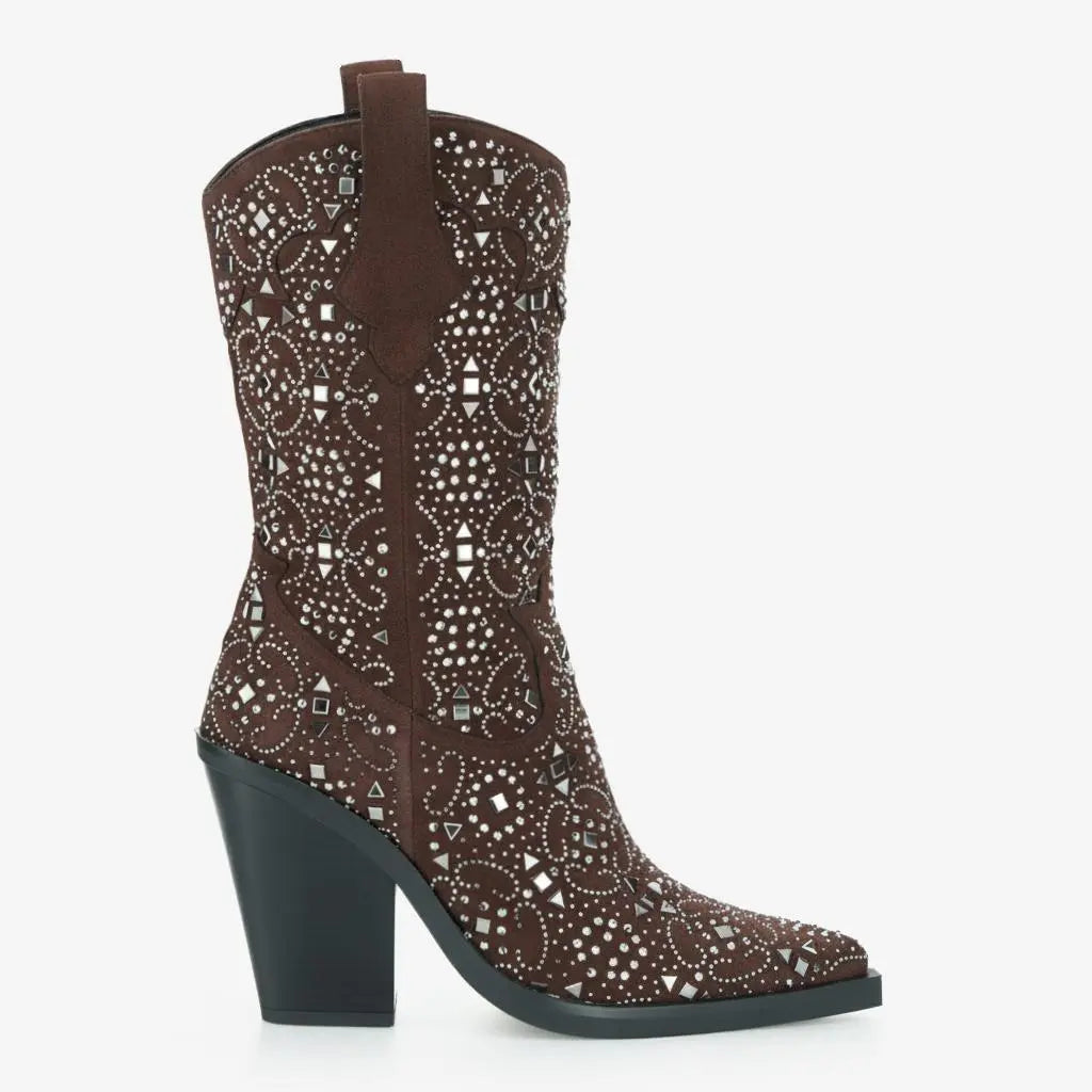 Tuhoomall Western Floral Embellished Mid-Calf Boots for Women, Comfortable Chunky Heel, Perfect for Bohemian Parties and Performances Tuhoomall