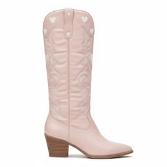 Tuhoomall Western Knee High Boots With Rubber Sole, 5cm Chunky Heel, Embroidered Sweet Pink Hearts For Casual Fashion All Year Round