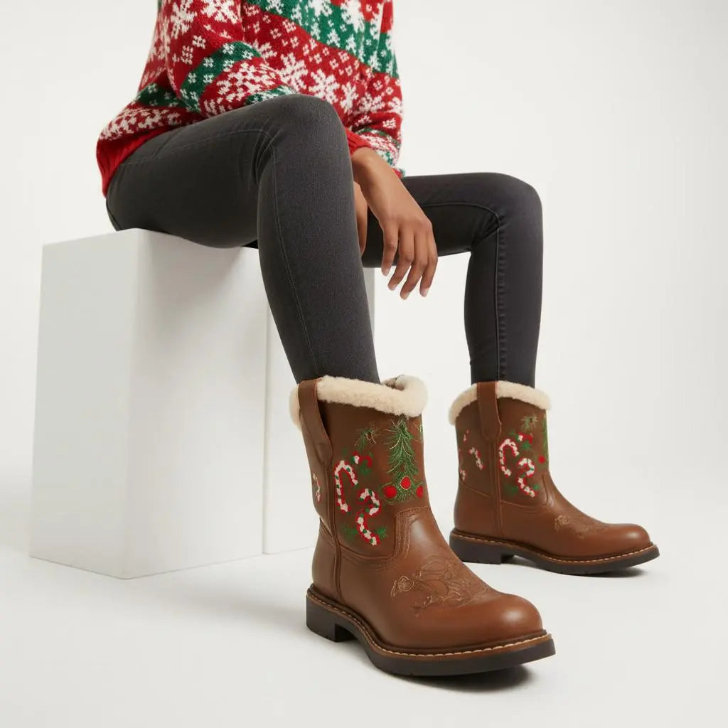 Tuhoomall Christmas Cozy Short Boots – Festive Round-Toe Ankle Style Tuhoomall