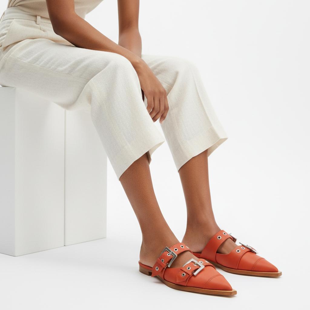 Tuhoomall Comfortable Pointed-Toe Mule Sandals for Summer Travel | Adjustable Metal Button Design | Casual Street Style Tuhoomall