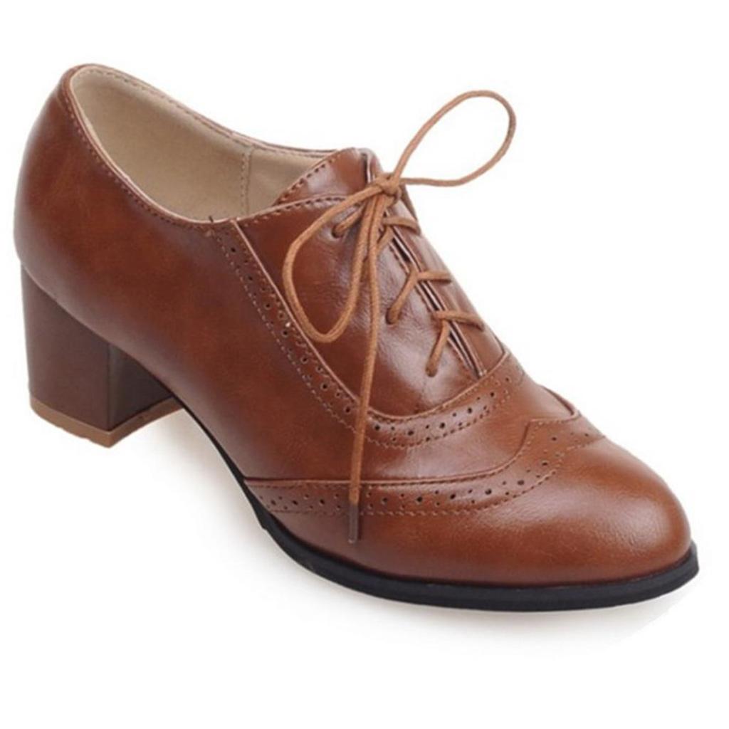 Tuhoomall Comfortable Vintage Style High Heel Dress Shoes for Office and Leisure Wear with Lace-Up Closure and Classic Round Toe Design