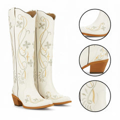 Tuhoomall Tuhoomall Western Knee-High Boots for Women, Floral Embroidered Design, Perfect for Parties, Office, and Casual Wear, 7.5 cm Classic Mid Chunky Heel