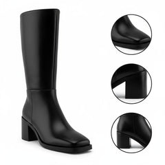Tuhoomall Comfortable Knee High Boots for Women, Stylish Chunky Heel, Chic Square Toe, Zipper Closure, All-Season Durable Leather