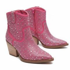 Tuhoomall Western Style Rhinestone Ankle Boots with Zipper Closure - Fashionable Suede Upper and Rubber Sole, Perfect for All Seasons