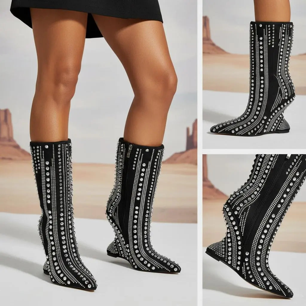 Tuhoomall High Heel Ankle Boots for Women - Striped Rhinestone Faux Suede Party Footwear with Zipper Closure and Unique Irregular Heels Tuhoomall
