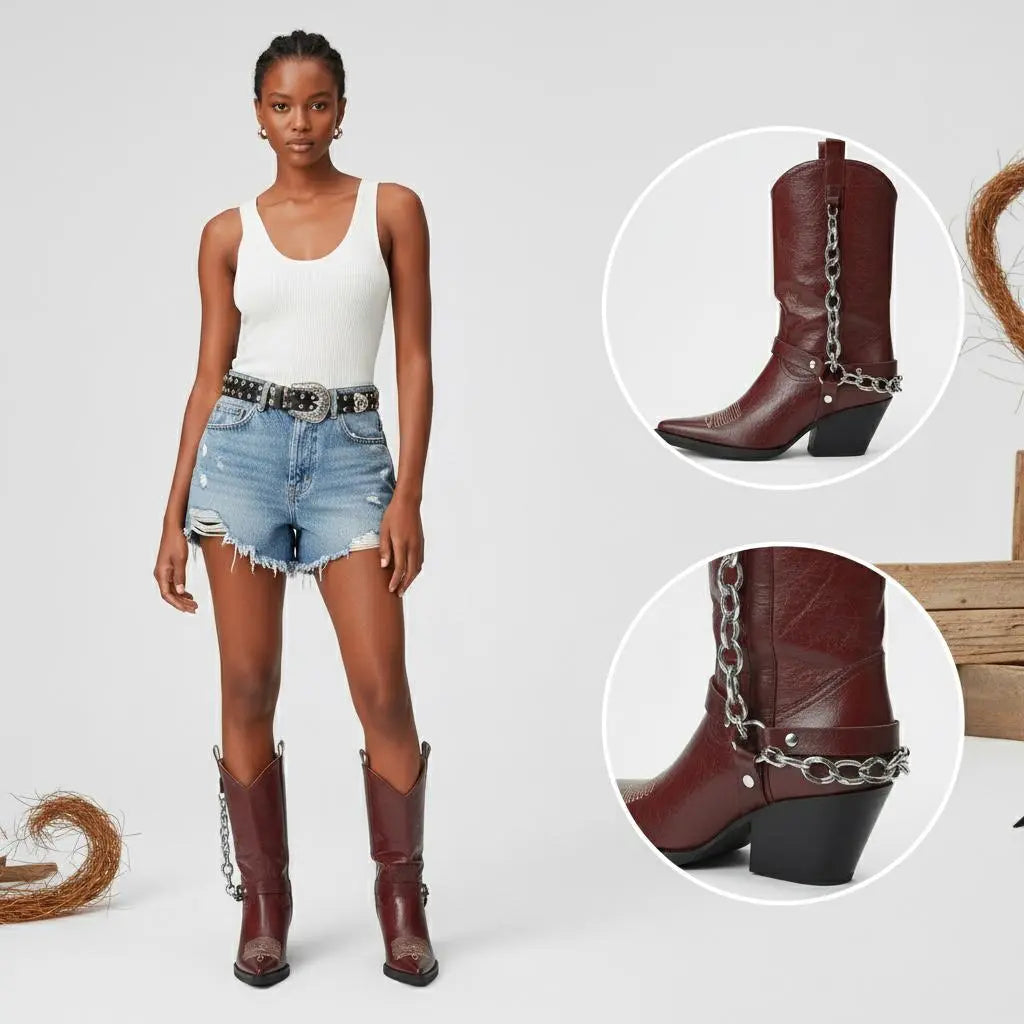 Tuhoomall Western Cowboy Ankle Boots For Women, Fashionable Chunky Heeled Mid-Calf Boots With Metal Buckle, Casual All-Season Style Tuhoomall