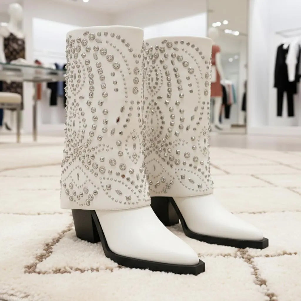 Tuhoomall Western Cowboy Boots For Women, Mid-Calf Foldable Design, Trendy Geometric Pattern, Chunky Heel, Sparkling Studs, Perfect For Outdoor Fashion Tuhoomall