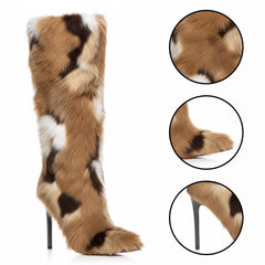 Tuhoomall Stylish Knee-High Fashion Boots with 10cm Stiletto Heels, Slip-On Design and Luxurious Faux Fur for Parties and Winter Street Style