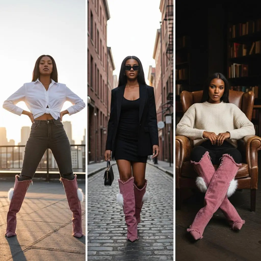 Tuhoomall Knee High Boots with Faux Fur and Metallic Buckles for Vintage Parties and Casual Outings Tuhoomall