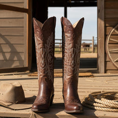 Tuhoomall Retro Western Cowgirl Boots, Embroidered Chunky Heel, Stylish Casual Knee-High Design, Comfortable Zip Closure for All-Day Wear