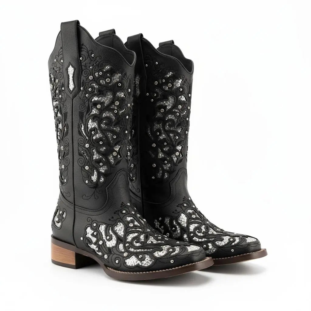 Tuhoomall Western Style Embroidered Mid-Calf Boots For Fashion, Travel, Outdoor - Chunky Heel, Faux Suede, Slip-On, Rhinestones, 3cm Heel Height Tuhoomall