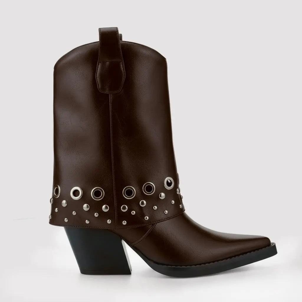 Tuhoomall Chic Ankle Boots With Geometric Pattern, Foldable Shaft, Metal Buckle, Chunky Heel For Casual And Outdoor Use Tuhoomall